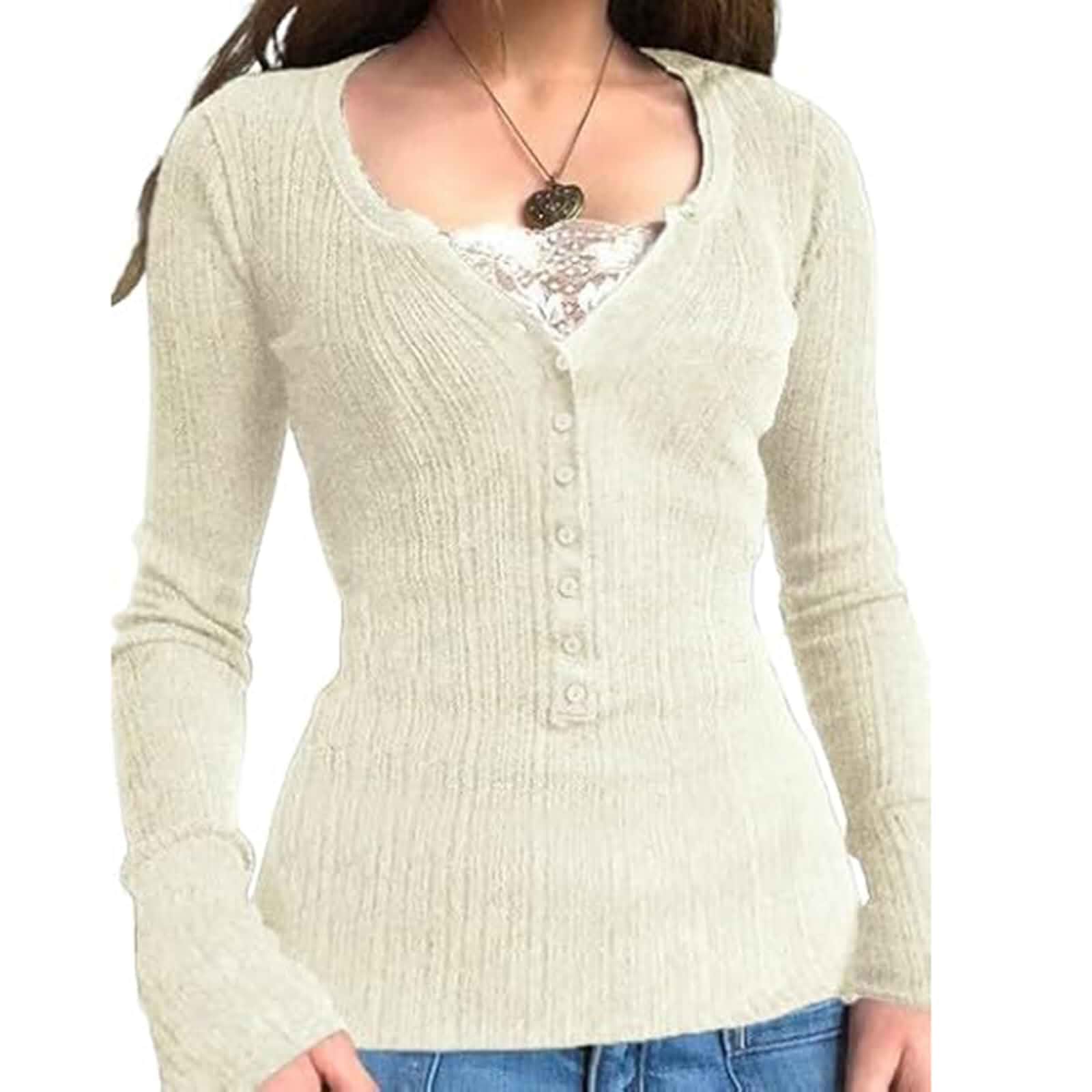 Women Ribbed Knit Lace Trim Henley Shirt Business Casual Long Sleeve Tops Vintage 80s 90s Shirts Y2K Streetwear Long Sleeve