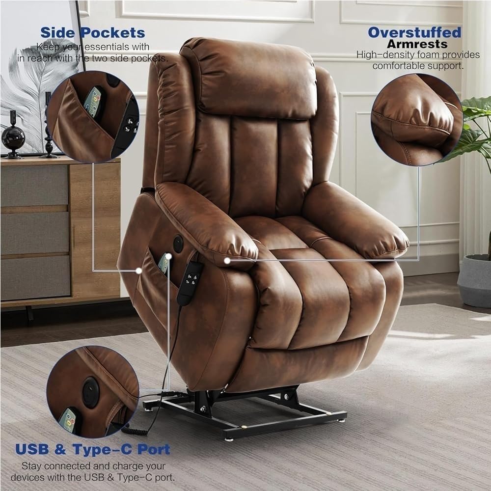Heavy Duty Lift Recliner Chair for Adults with Heat Massage Leather Electric Lift Chair Infinite Position Lay Flat Design 2 Remote Controls 400lbs Weight Capacity
