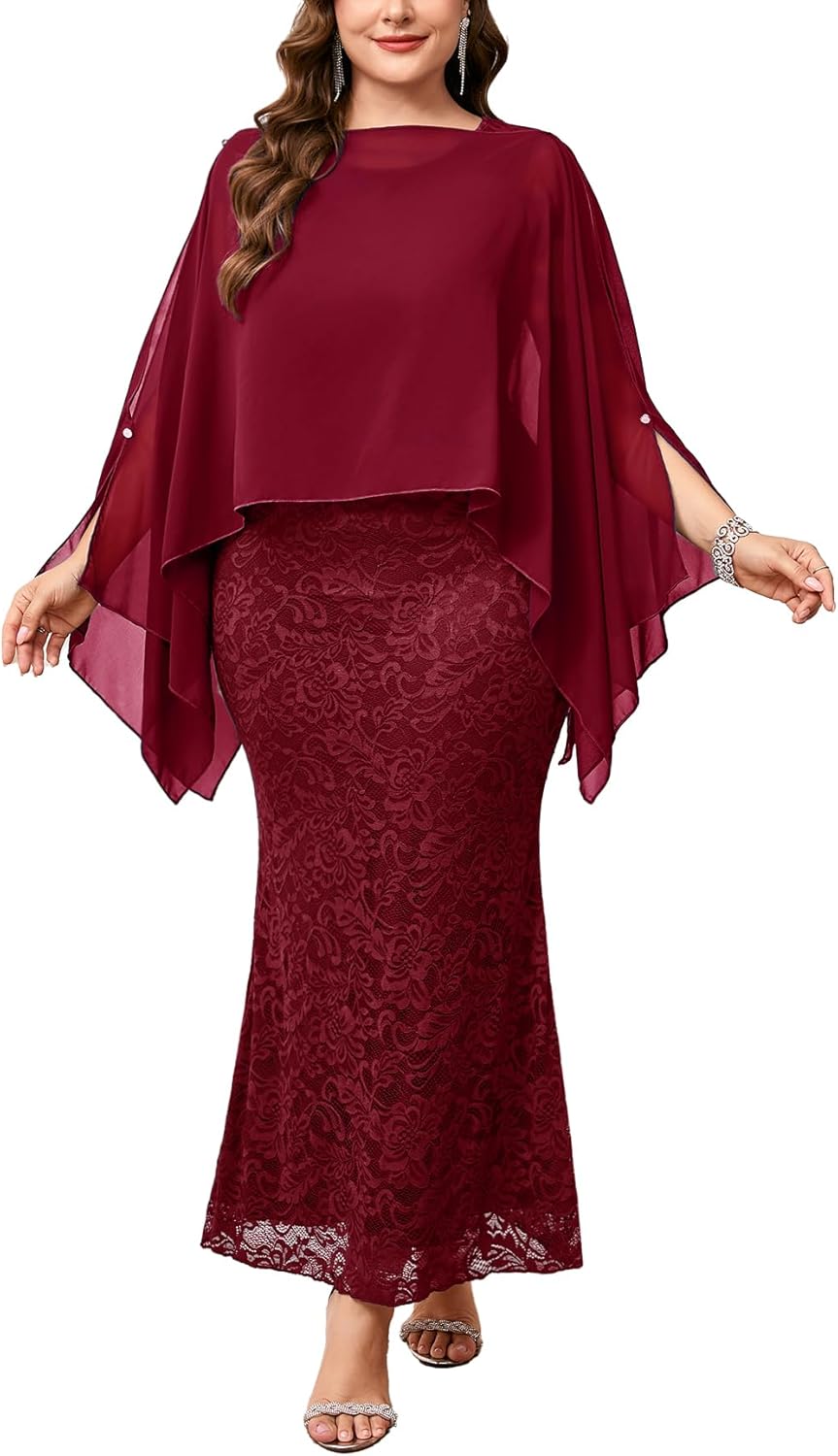 ZOMVA Plus Size 0X-4X Mother of The Bride Groom Lace Dress with Chiffon Cape Overlay Long Mermaid Dress Formal Wedding Guest