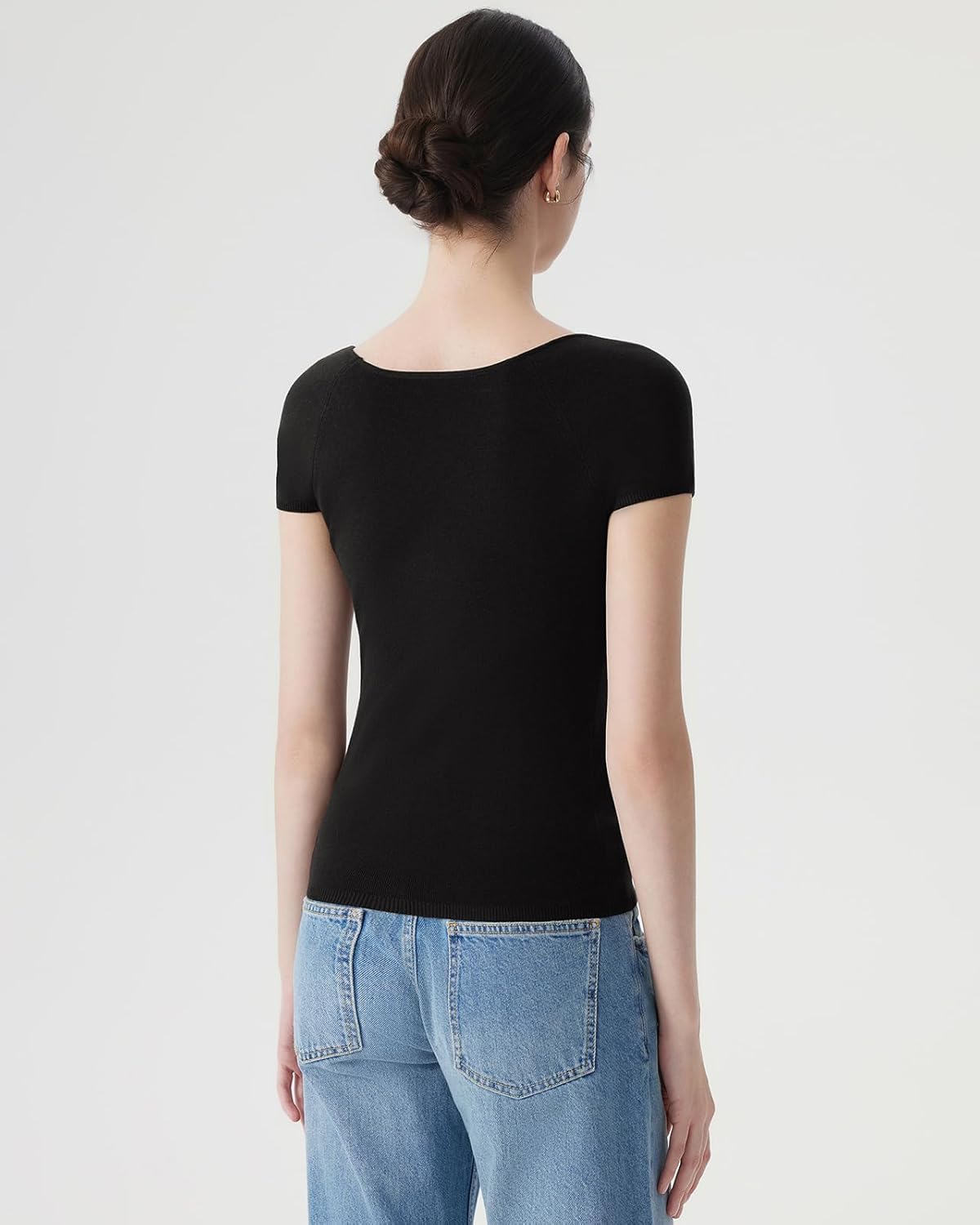 SUUKSESS Women Short Sleeve Sweater Blend Wide V Neck Tops Casual Essential Shirts Silk Cashmere Collection - Image 3