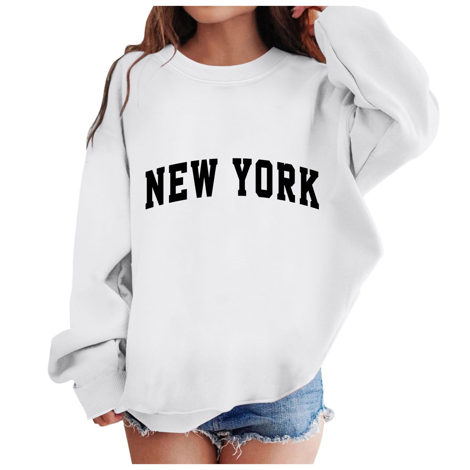 Bluzy dziewczęce Nowy Jork bluzy z kapturem dla dziewczynek nadruk litery bluza z kapturem z długim rękawem na co dzień luźny pulower topy dla 4-14 lat (B04-biały, 5-6 lat)