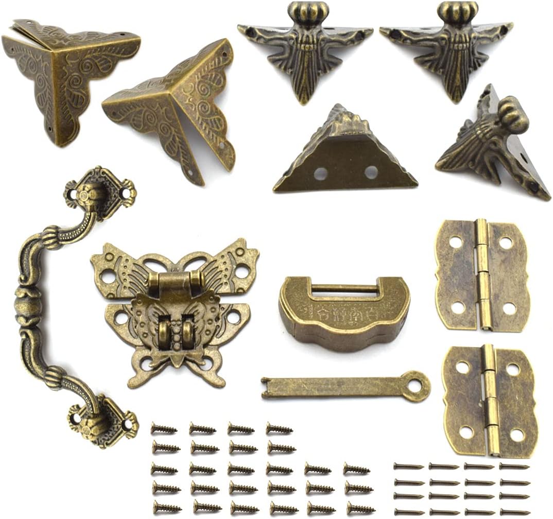 SDTC Tech 13-Pack Retro Jewelry Box Hardware Kit Includes Hasp Latch Padlock Hinges Corner Protectors Pull Handle and Supporting Feet, Bronze Tone