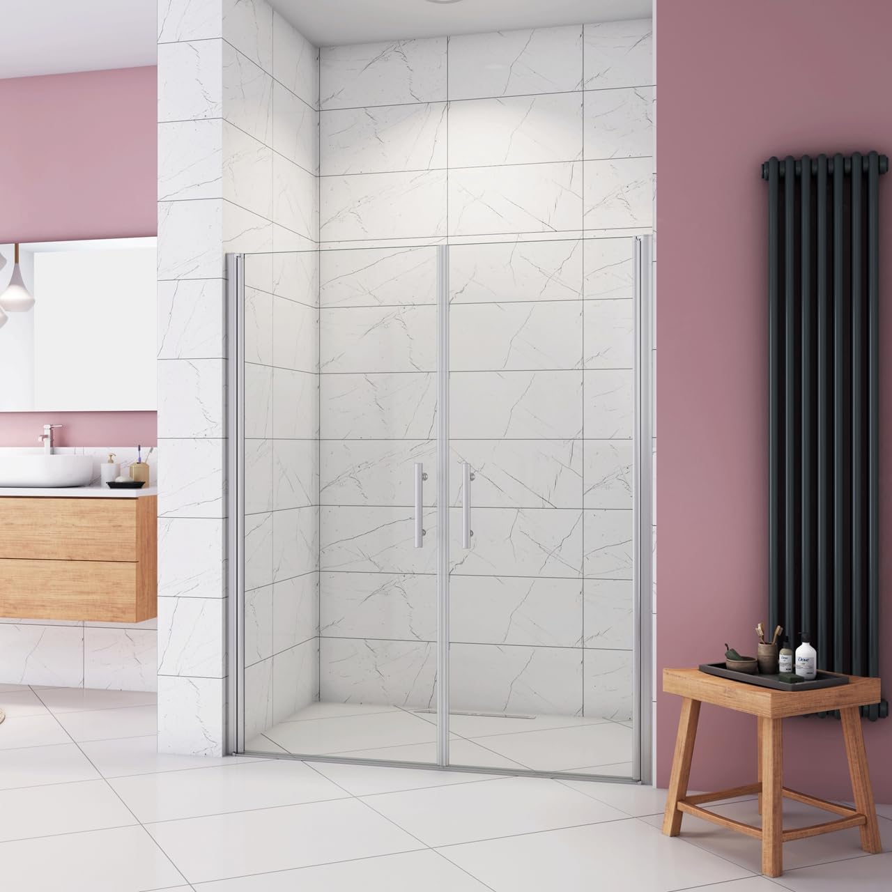 Box Doccia per Nicchia 185 cm Doppia Porta Battente Saloon Vetro Temperato 6 mm Anticalcare Larga 150 cm（80+76：1478-1518 mm)