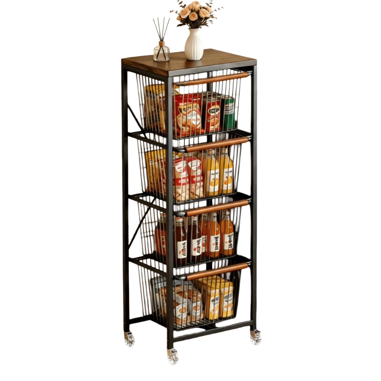 FZL02068LM Kitchen Trolley 4-Tier Rolling Storage Cart Movable Snack and Vegetable Fruit Organizer Shelf(Black)