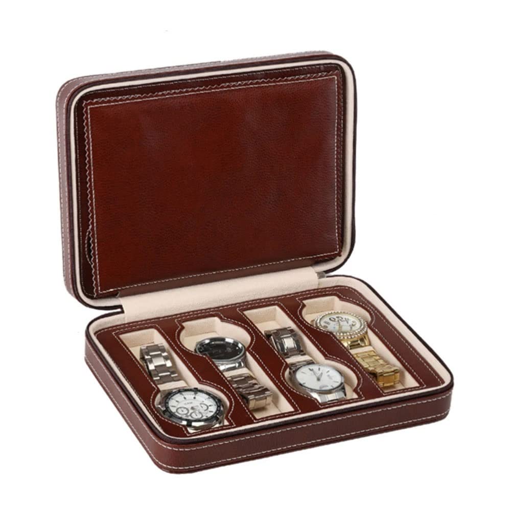 Caja de reloj de piel artificial, caja de almacenamiento portátil con cremallera para hombre (marrón, talla única)