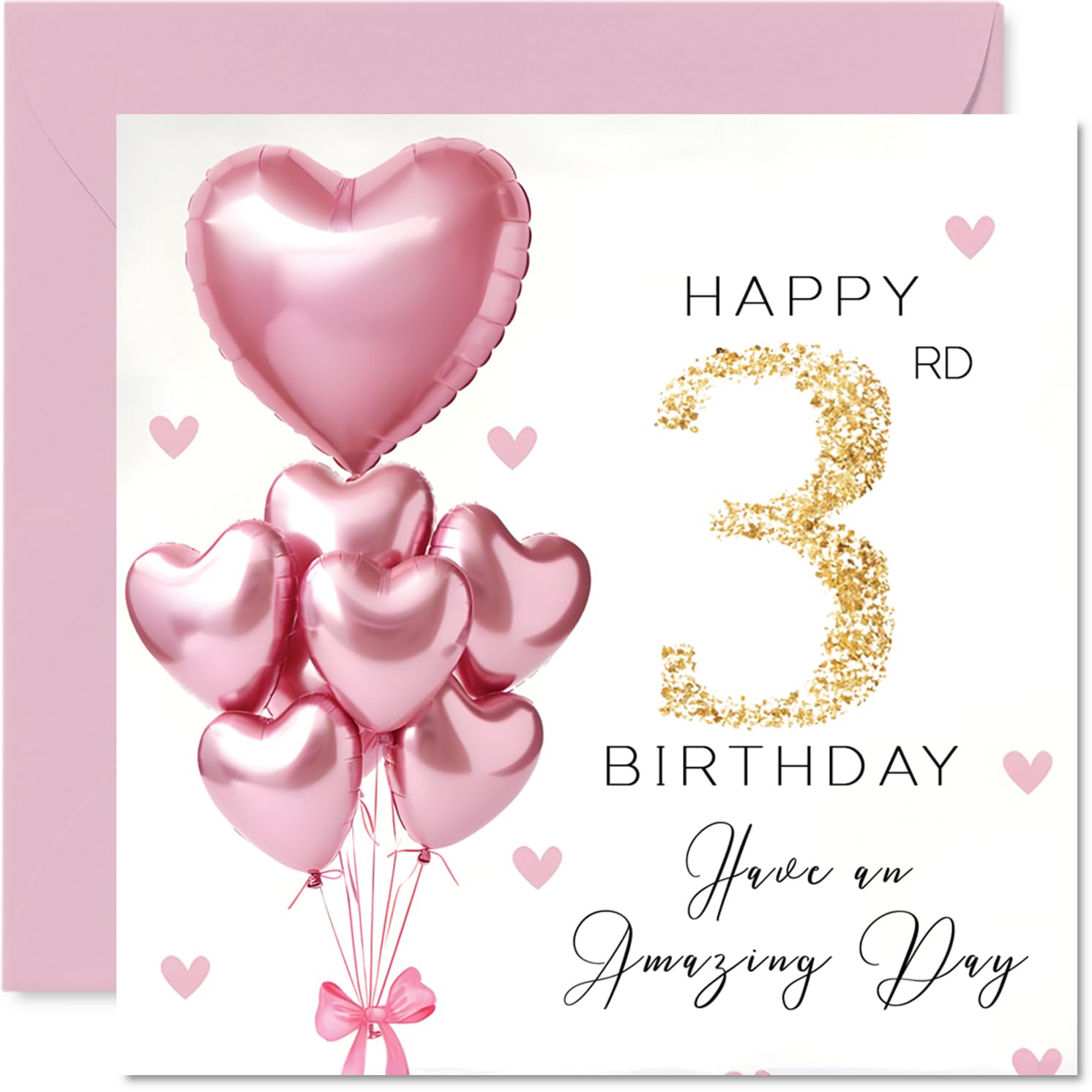 3rd Birthday Cards for Girls, Pink Glitter Balloons