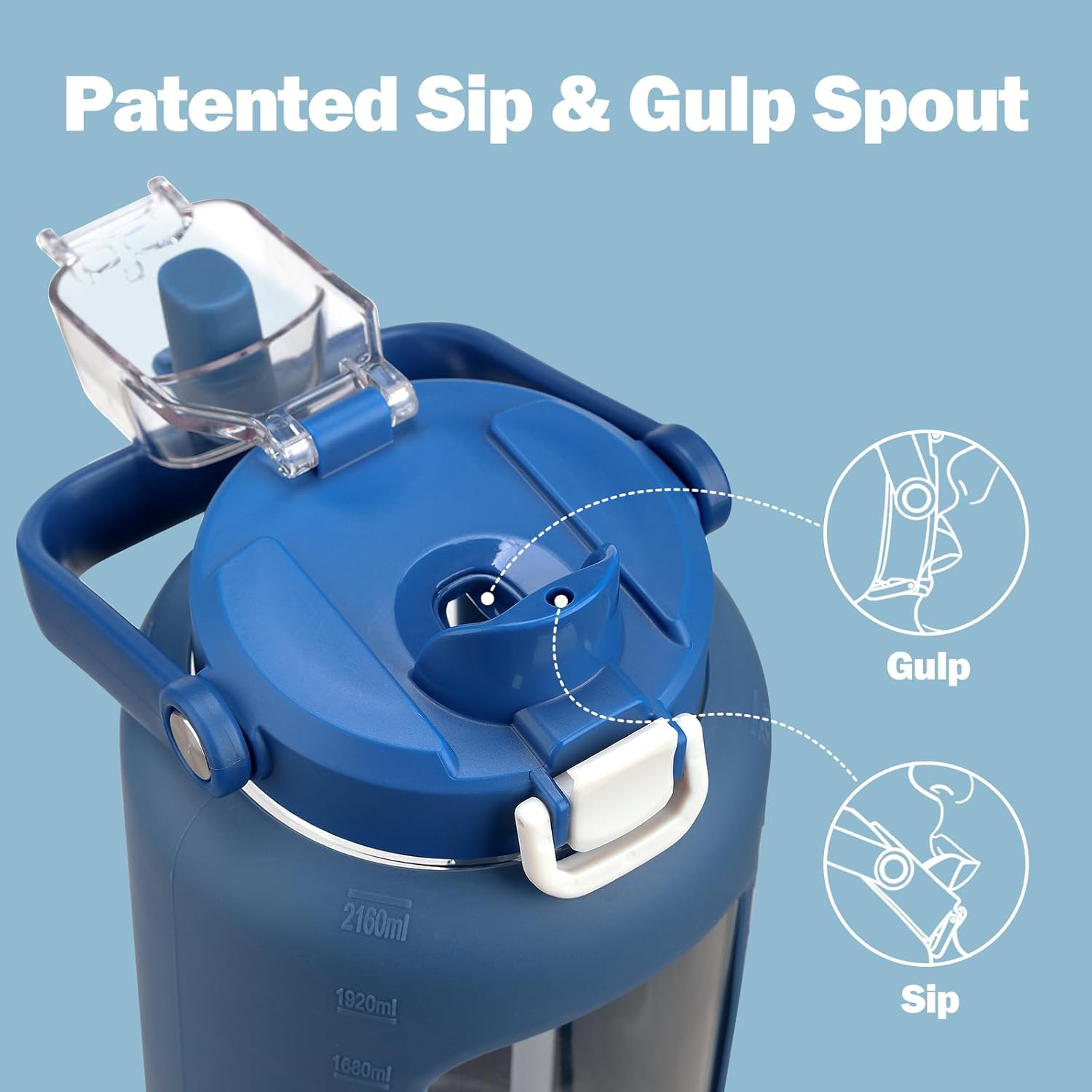 72oz Glass Water Bottle with 2-IN-1 Straw &Chug Lid, Large Motivational Glass Bottle with Capacity Marker and Silicone Sleeve, 2.1Liter Gallon Water Jug for Home, Sports, Gym, BPA Free-Blue - Image 3