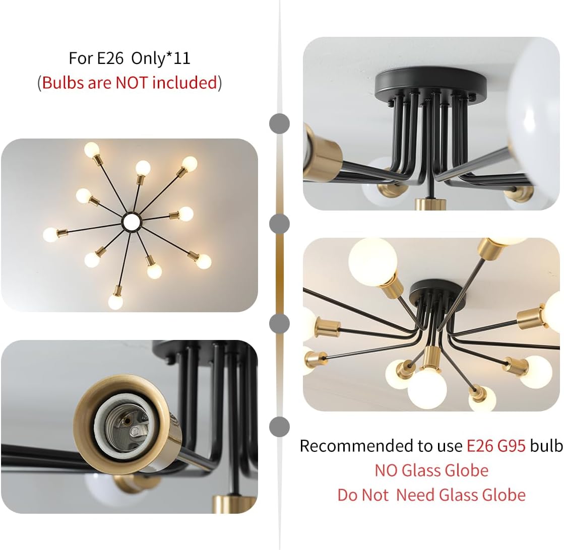 11-Lights Black and Gold Large Sputnik Ceiling Light Fixture,Modern Metal Semi Flush Mount Chandelier for Living Room Bedroom Office Dining Room Kitchen