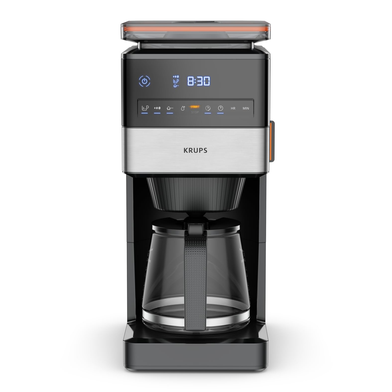 KRUPS KM842810 Ekspres do kawy z filtrem, Grind Aroma XL, podtrzymywanie temperatury, zapobiegający kapaniu, szklany dzbanek, wyświetlacz LCD, odłączany młynek stożkowy, pojemność 1,5 L, 1000W
