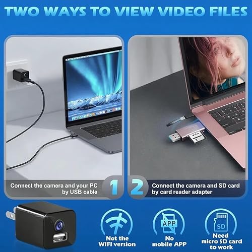 Miniatura 6 de Cámara inteligente inalámbrica espía pequeña con cargador USB discreto con grabación en bucle y detección de movimiento, mini cámara secreta montada