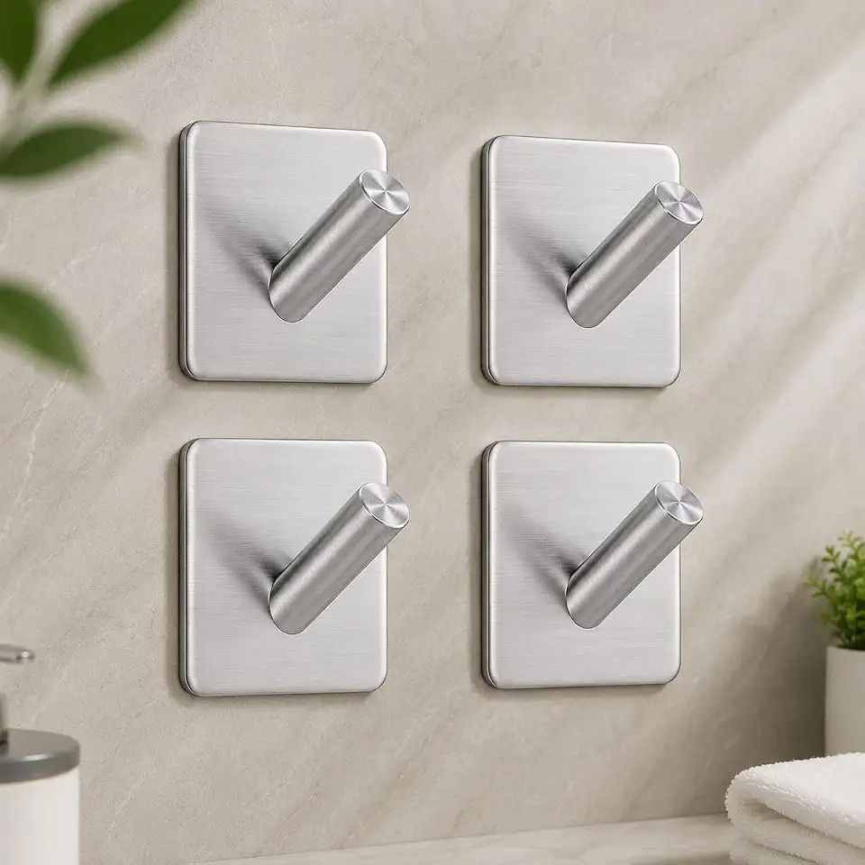 Kit com 4 Ganchos em Aço Inoxidável com Adesivo Reforçado, Suporte Multiuso para Parede, Ideal para Banheiro, Quarto e Cozinha, Alta Resistência e Instalação Prática – Qualidade Premium LNMAX®
