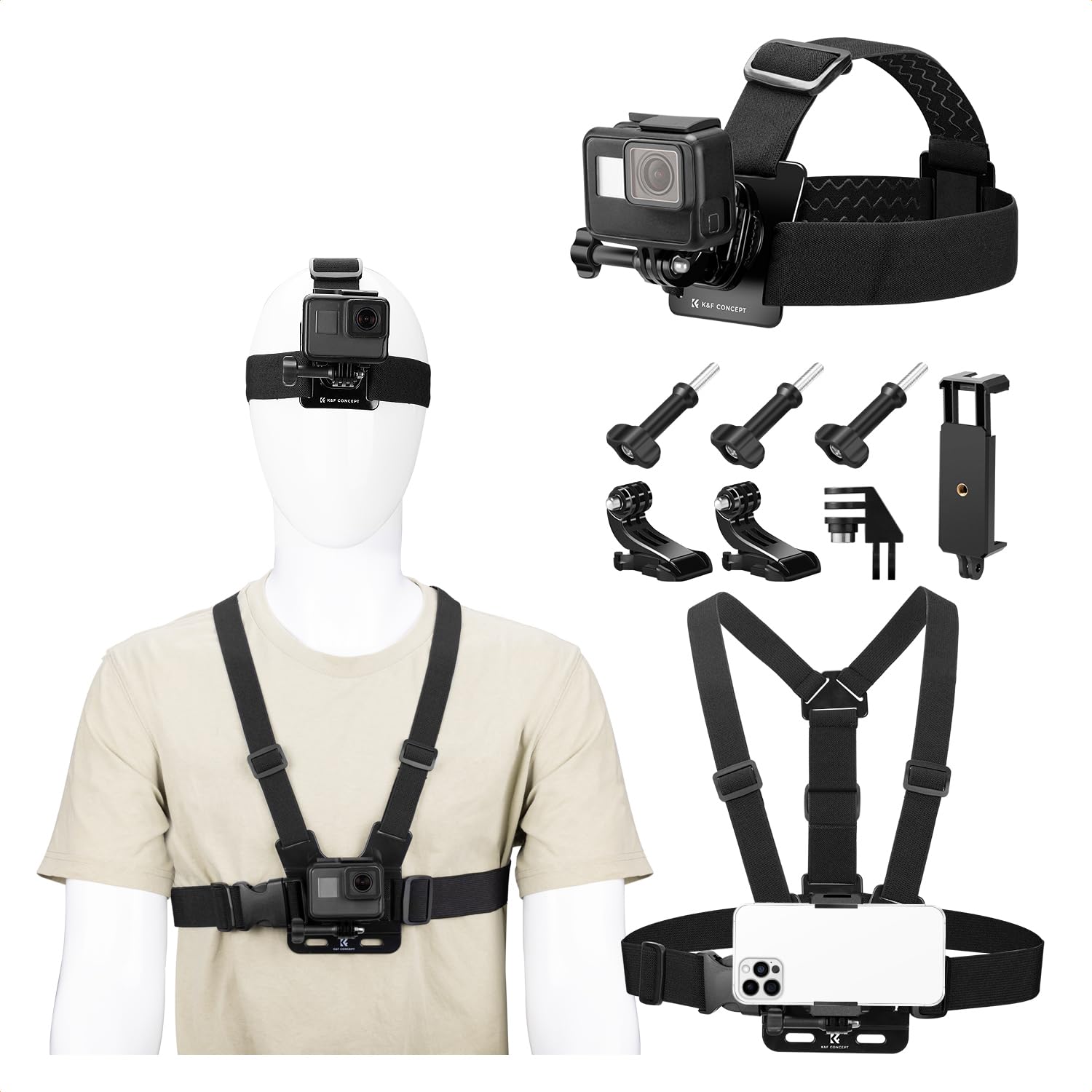 K&F CONCEPT Kit de Accesorios para Cámara de Acción Compatible con GoPro Hero 13 12 11 10 9 Insta360 dji Osmo 360 Action Teléfono Movil, Incluye Arnes Pecho, Correa de Cabeza, Clip de Teléfono Movil