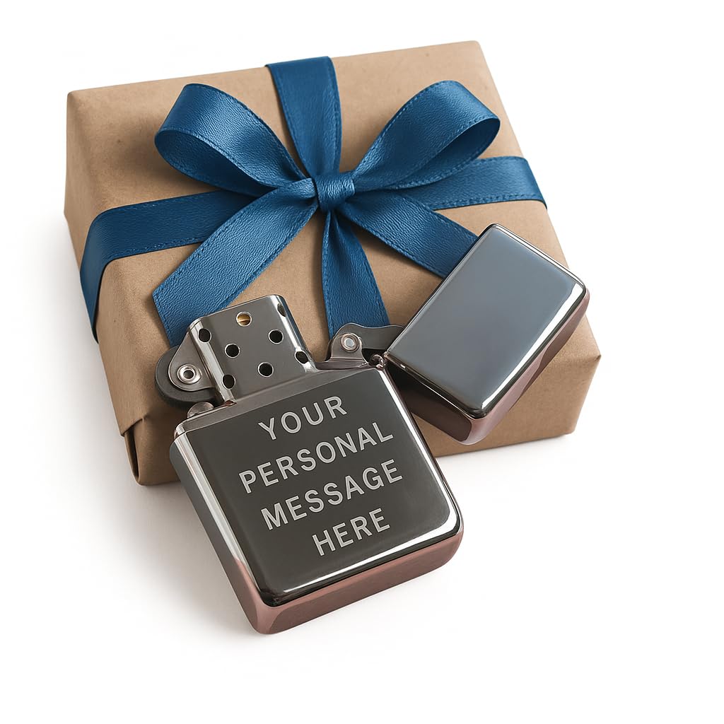 Personalised Metal Flip Windproof Lighter - Custom Engraved Message for Him or Her, Birthday Gifts for Men | Chrome Gold Finish Flip UP lighters (Silver Finish)