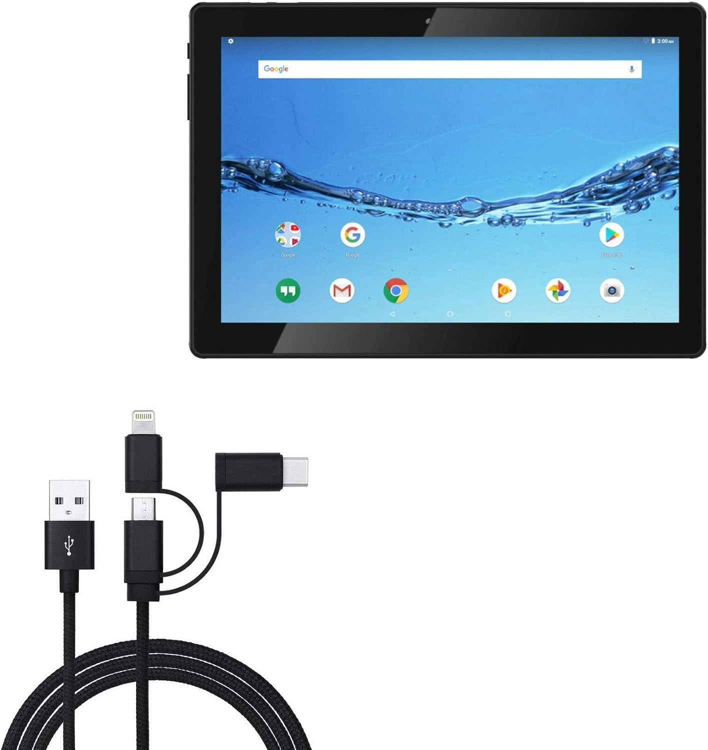BoxWave Cable Compatible with Digiland DL1016 Tablet (10.1 in) - AllCharge 3-in-1 Cable - Jet Black