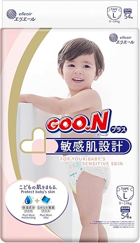 Plus+ Pañales talla L (hasta 31 libras), unisex, 54 unidades, correas de cinta japonesa, piel sensible, fabricado en Japón