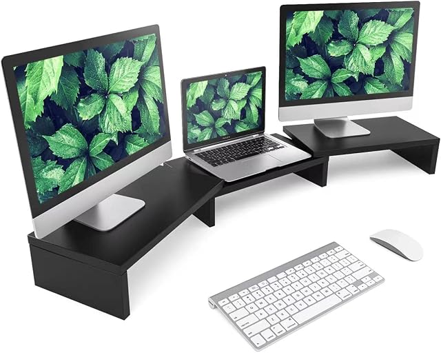 RFIVER Dual Monitor Stand Black Wood Length Angle Adjustable Screen Riser for 2 Monitors Max 123.2x23.5x9.5 cm