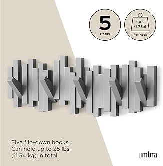Umbra Sticks Multi Hook Coat Rack – Modern, Unique, Space-Saving Coat Hanger with 5 Flip-Down Hooks for Hanging Coats, Scarves, Purses and More, Gray