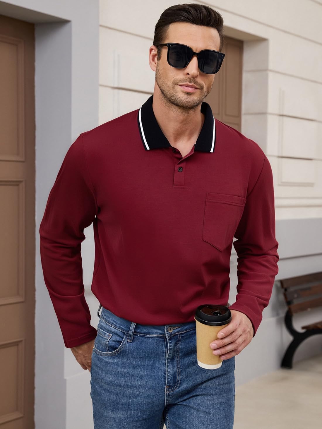 LuxMania Men's Polo Shirts Long Sleeve Cotton Fashion Polos Tee Shirt Classic Basic Work Collared Shirt with Pocket - Image 4