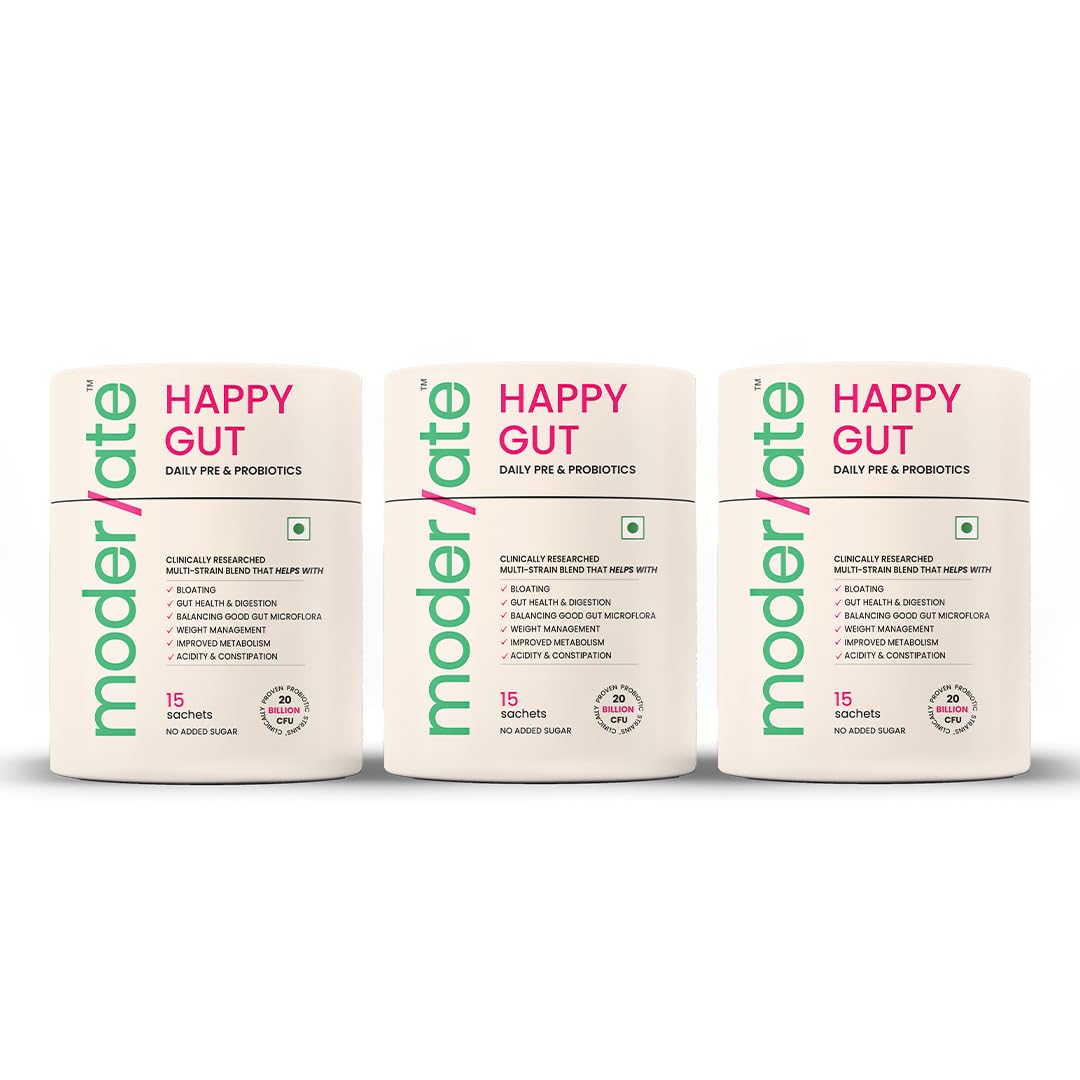 Moderate Happy Gut Pre & Probiotic Supplement | Promotes Gut Health, Digestion, Metabolism | 20 Billion CFU with 9 Diverse Probiotics, Prebiotics, Fiber(FOS), Digestive Blend - 15 Sachets (Pack of 3) (B0D6VS4M93) Amazon Price History, Amazon Price Tracker