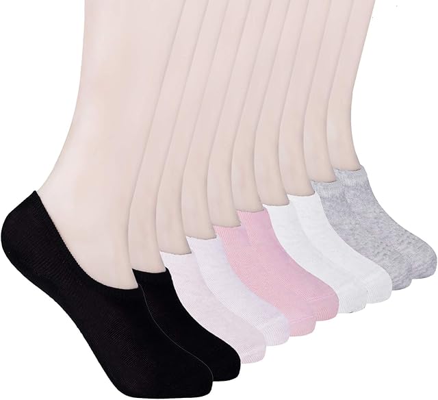 HBselect 10 Pairs Ankle Socks, Soft Cotton Thin Trainer Invisible Shoe Socks for Women Ladies Girls, Low Cut and Non Slip (Black,White,Grey,Pink and Light Purple), One Size, 10pcs