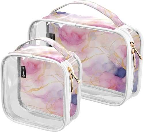 Watercolor Pink Purple Marble Clear Toiletry Bag for Traveling,2 Pack Makeup Cosmetic Bag with Zipper,Travel Bag for Toiletries,Travel Essentials