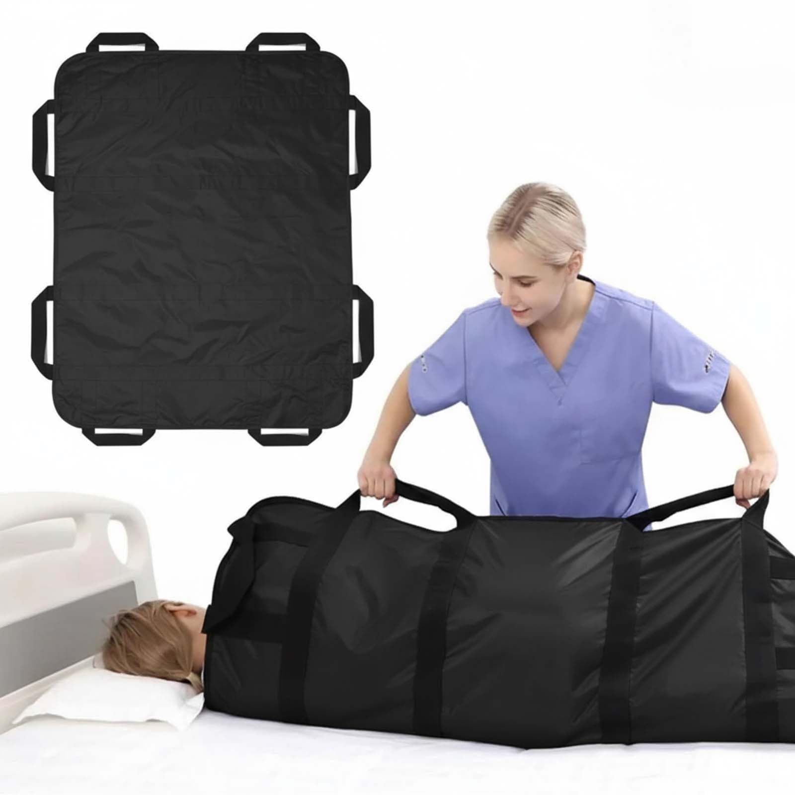 Sábanas de Transferencia Pacientes, Sábana Deslizante para Transferencia de Ancianos 120 x 100 cm, Almohadilla de Posicionamiento con 8 Asas Reutilizable Lavable (Negro)