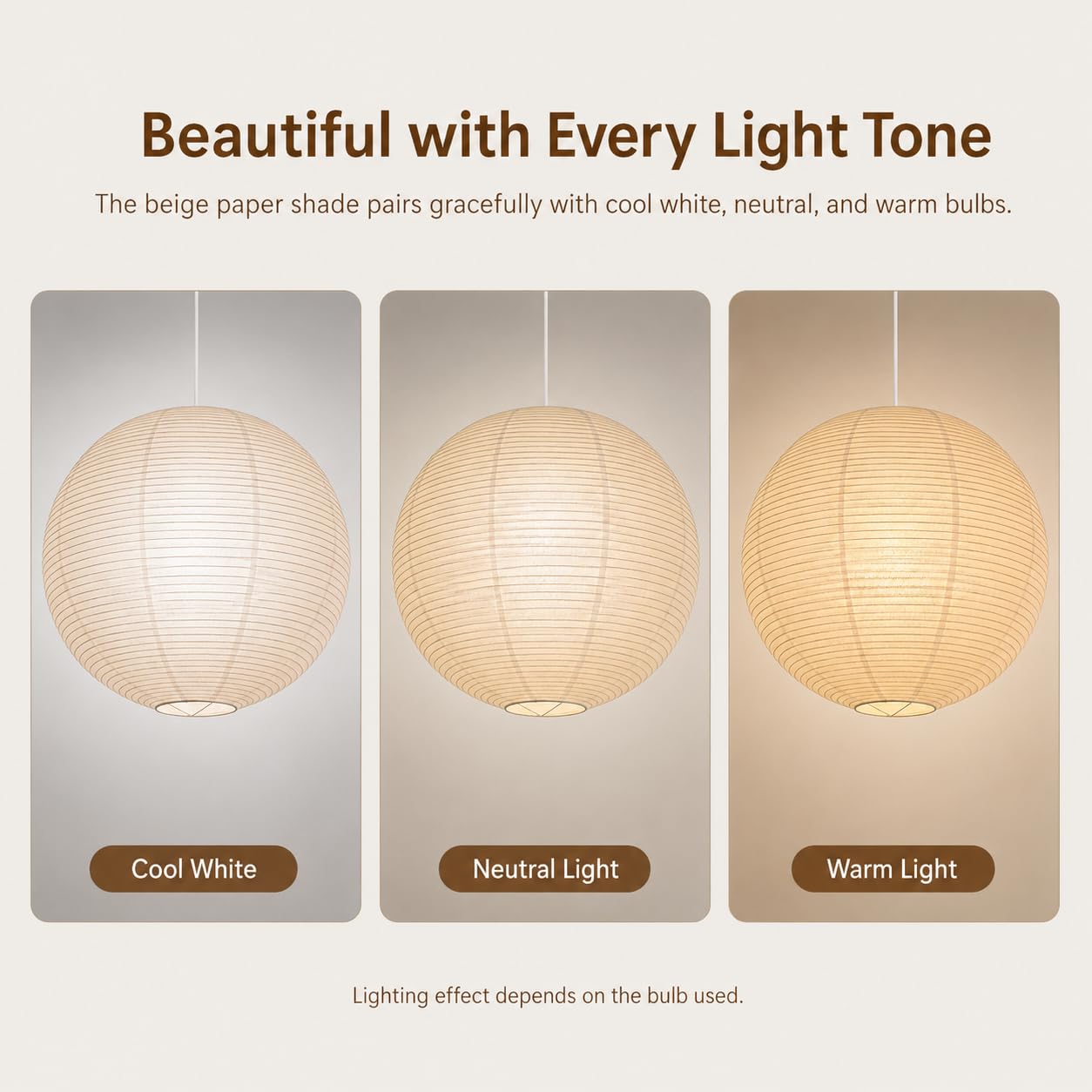 Paralume in Carta di Riso Spessa, Lanterne di Carta Rotonda Moderna, Lampadario Sospeso a Sfera per Illuminazione Ambiente, per Soggiorno, Camera da Letto, Giallo Beige, 40 cm