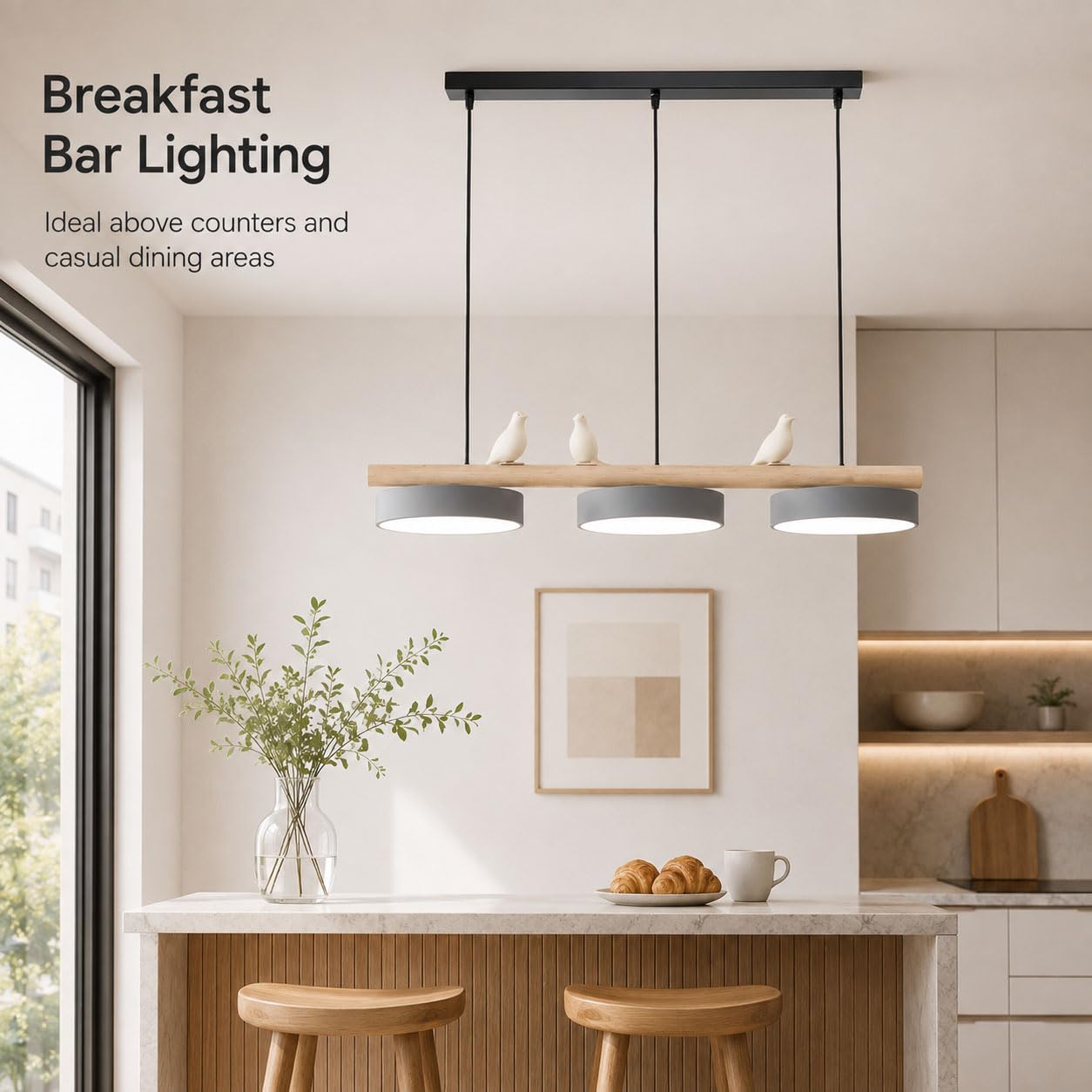 Lampadario Cucina Moderno LED 36W, Legno, Sala da Pranzo | LED 36W, 3000K/4000K/6500K, Cavo Regolabile 1 m, Ferro Legno Resina, Decoro Uccello, per Cucina e Sala da Pranzo