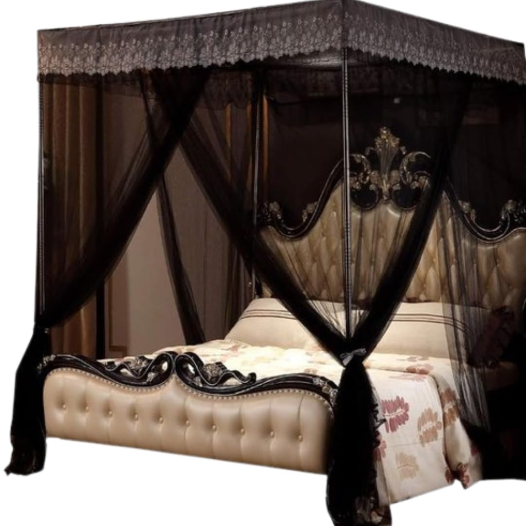 JD 29 "4 Corners Post Canopy Bed Curtain - Royal Luxurious Cozy Drape Netting - 3 Opening Mosquito Net - Cute Princess Bedroom Decoration Accessories (86" W*78" L*82" H) (Black)
