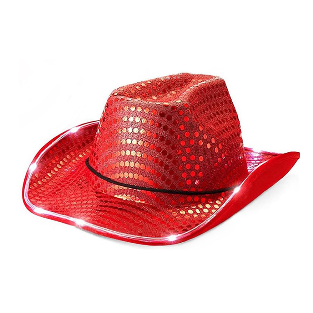LED Lights Cowboy Hat Men Women Western Sparkly Cowgirl Hat Disco Rodeo Hat Fancy Dress Dance Party Hat Glitter Light Up Hat Novelty Fedora Trilby Hat for Halloween Christmas Birthday Wedding Party