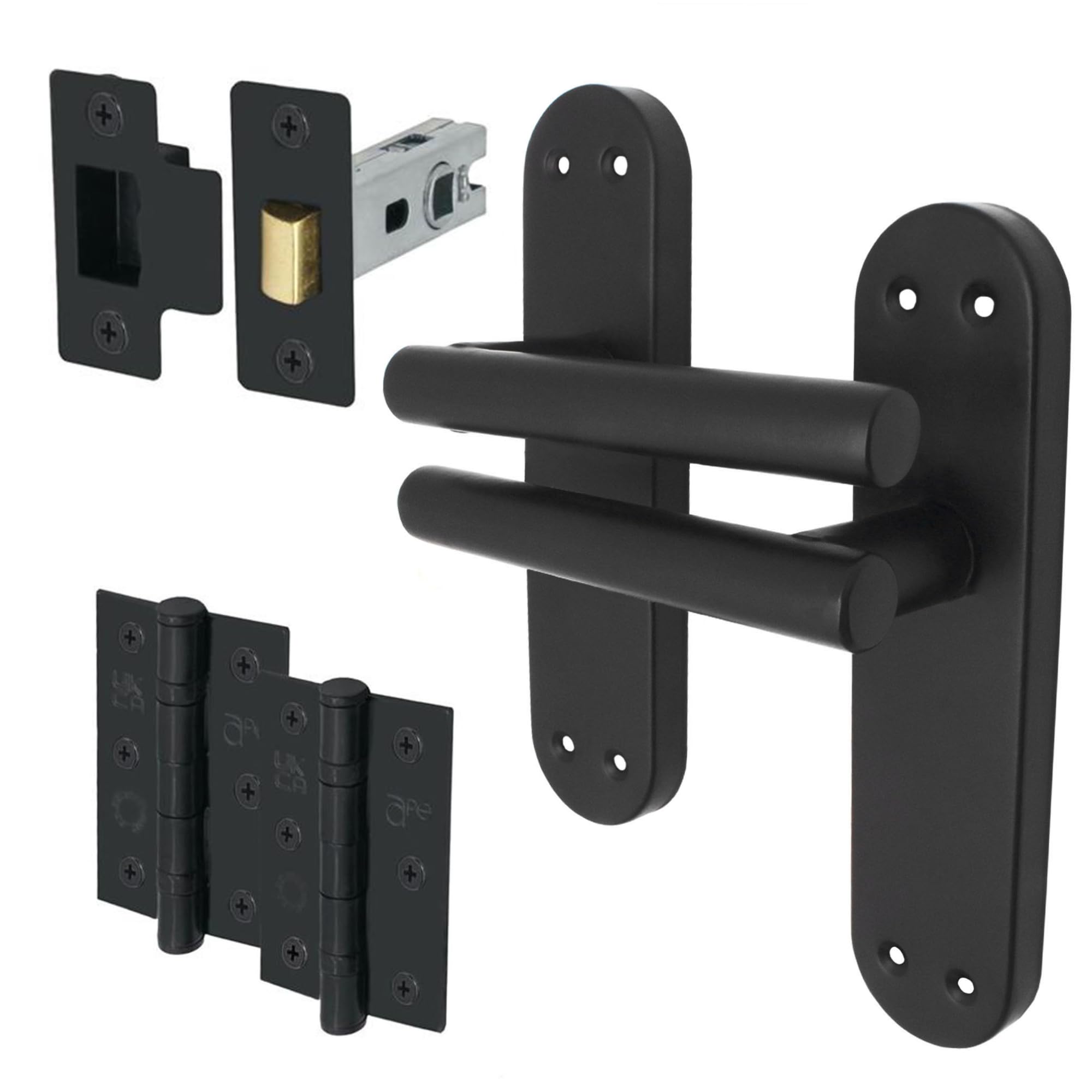 EAI Black Door Handle Latch Set, 1 Pair Matt Black Internal T-Bar Handles, Hinges (76mm) Latches (64mm) - Oliena