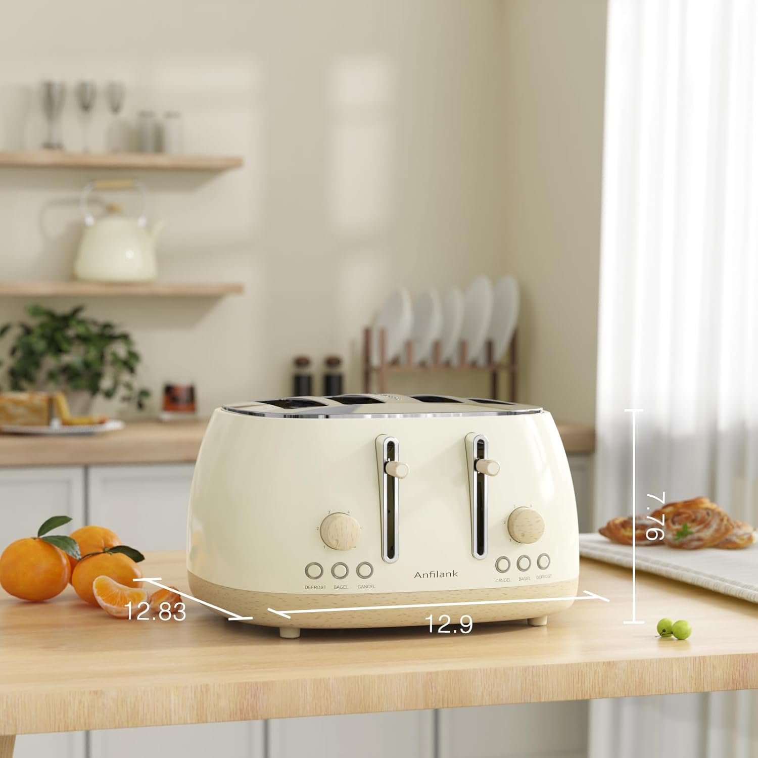 Toaster 4 Slice,Retro Stainless Steel Toaster with Extra Wide Slots, Dual Independent Control Panel, Cancel, Bagel, Defrost Function, Removable Crumb Tray (Beige)