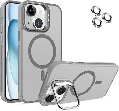 KZY  leti im Apple iPhone 15 ile Uyumlu Lens Hediyeli Kamere Korumal  Wireless  arj  zellikli Standl  Premium K l f - Gri