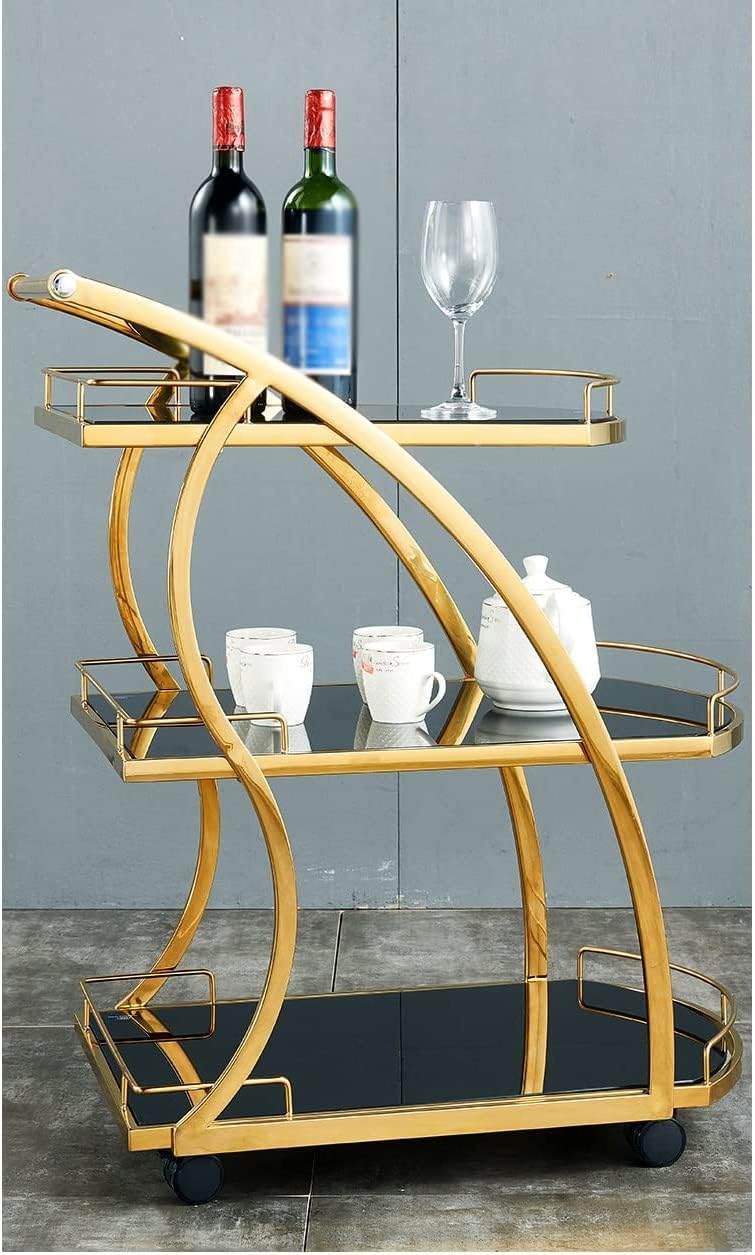Carrito de Servicio de Acero Inoxidable de 3 Niveles con Ruedas, estantes de Vidrio Templado, Carrito de Cocina Compacto, Carrito utilitario móvil con asa para el hogar y el Comedor (Dorado