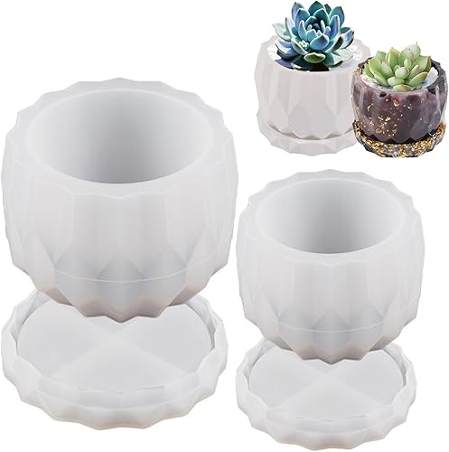 Miniatura 1 de Paquete de 2 moldes de silicona para macetas, silicona resistente fácil de desmoldar con soporte inferior (estable + drenaje) para macetas de