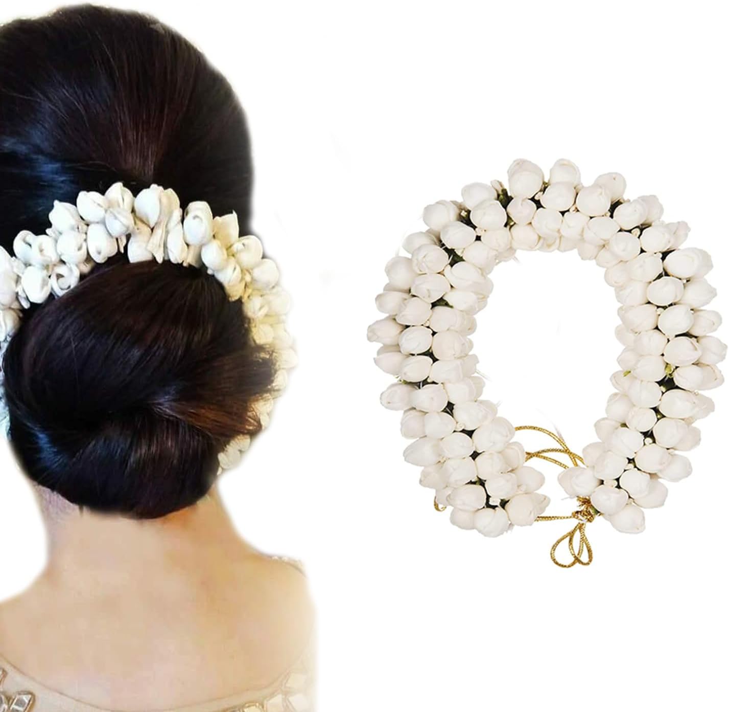 Jasmine Flower Hair Gajra, Artificial Juda Bun Maker, Bun Holder, Handmade Veni Juda Bun Wrap, Hair Styling Accessories For Women and Girls (White, Pack Of 1)