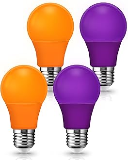 Flaspar 4 Pack Halloween Light Bulb, LED A19 Orange Purple Light Bulbs, LED Orange Light 9W (60W Equivalent) E26 Base Colored Light Bulbs for Halloween Party Decoration, Holiday Lighting Non-Dimmable