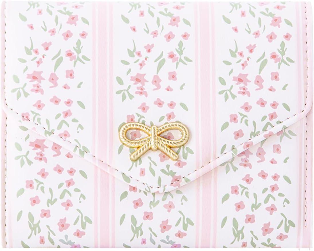 Small Zipper Wallet Floral Coquette Bow Wallet Cute Wallet ID 5 Credit Card Slots for Women Girls (PINK)