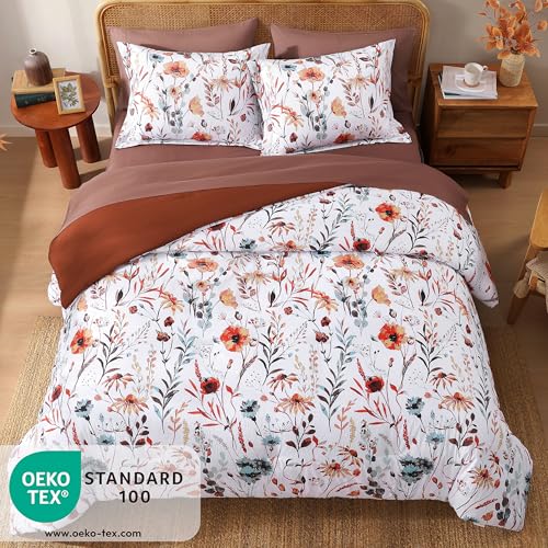 CASAAGUSTO Queen Comforter Set, 7 PCS White Floral Comforter Set with Terracotta Flowers Leaves Pattern, Soft Seersucker Design All Season Queen Bedding Set(90"X90")