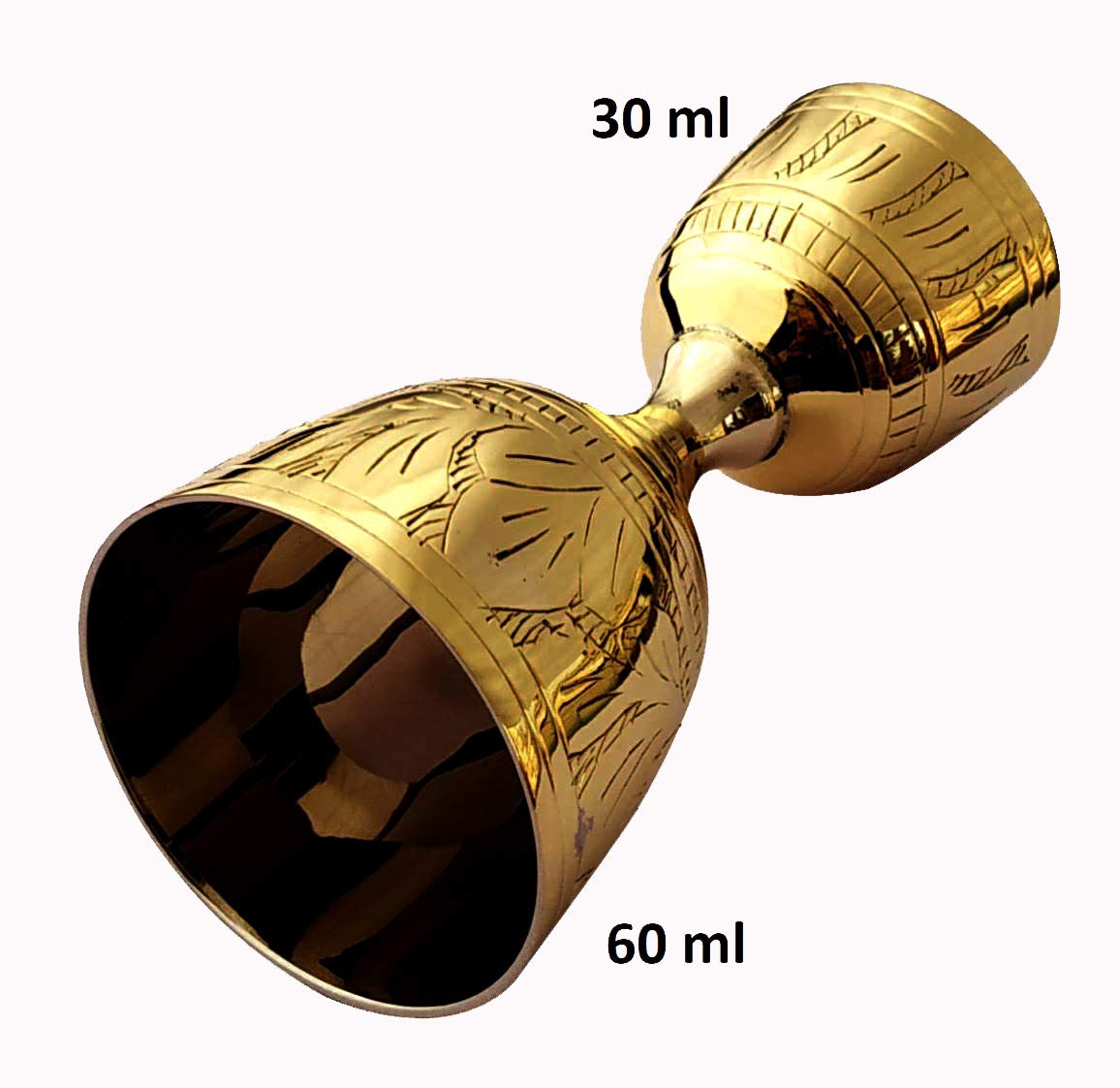 Akanksha Arts, Made of Brass, 2-Tone Peg Measure Cup, 30 ml / 60 ml, with Alluring Engraving 1