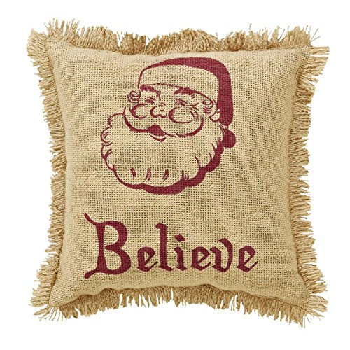 VHC Brands Christmas Holiday Pillows & Throws-Burlap Santa Tan Believe Fringed 10