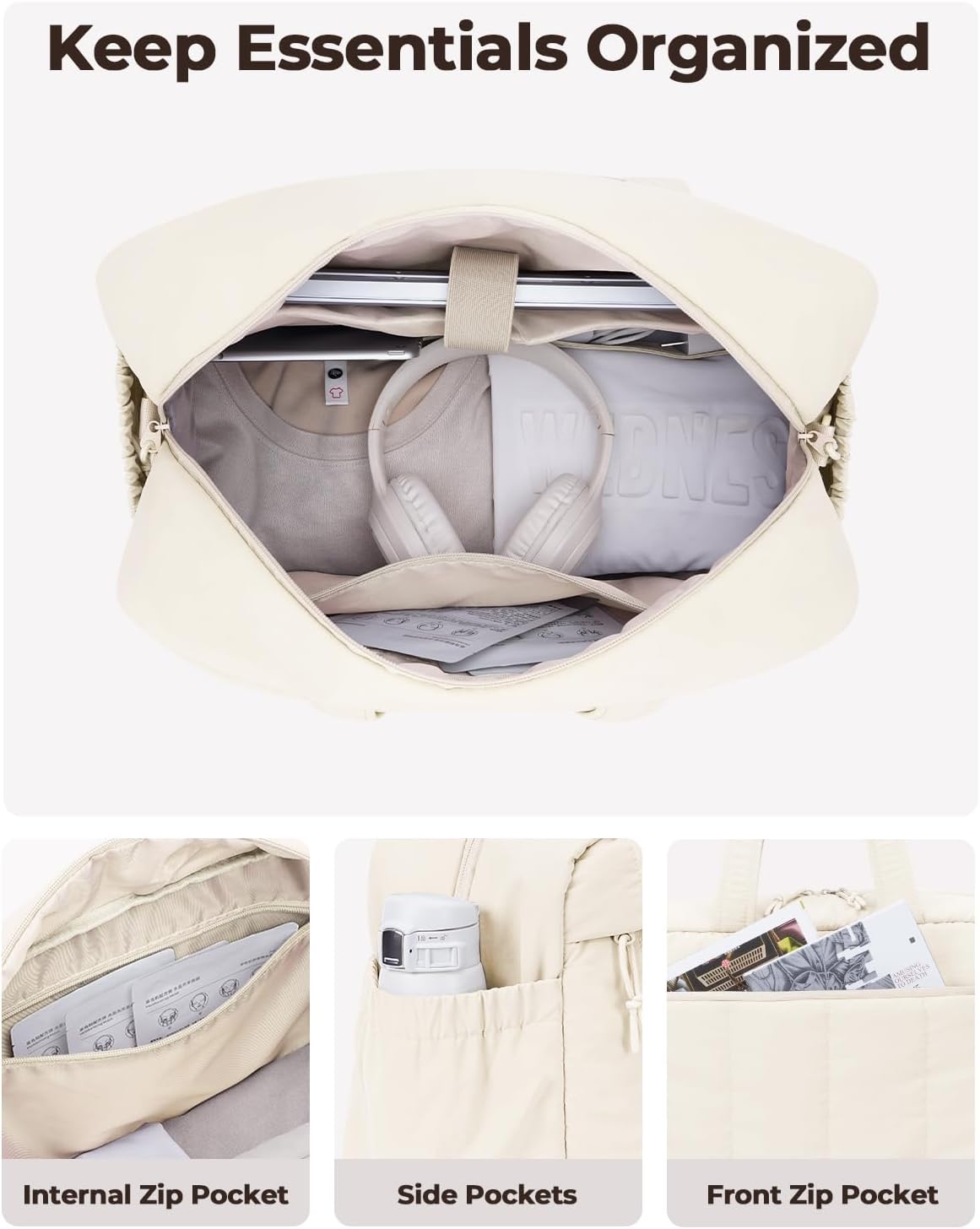 For Spirit Airlines Personal Item Bag 18x14x8 Puffer Travel Duffel Bag with Shoe Compartment Underseat Carry on Luggage Fit 15.6-Inch Laptop Gym Bag for Women Men (Beige) - Image 6