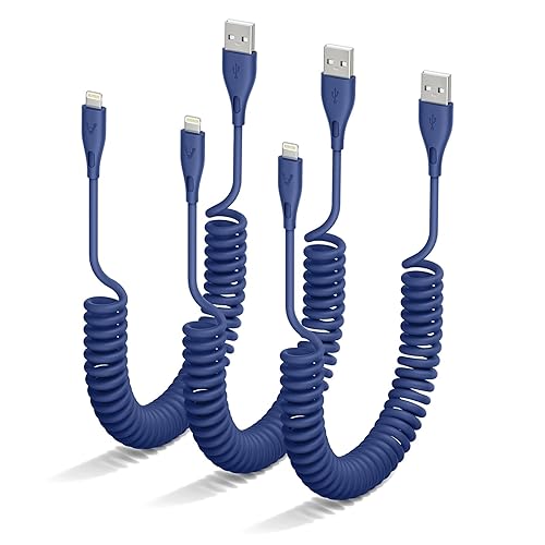 Cable Lightning en espiral, paquete de 3 cargadores de iPhone de 3 pies para automóvil certificado Apple MFi USB A a Lightning compatible con iPhone