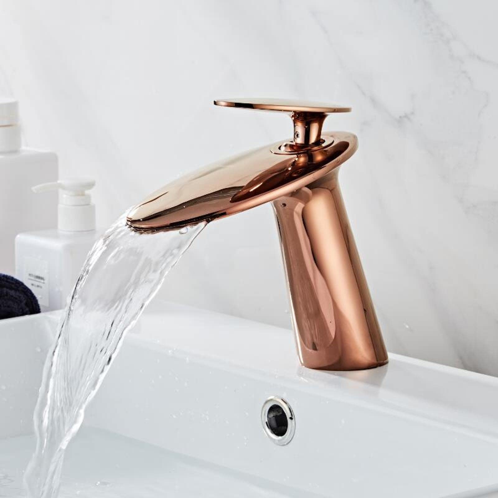 Wasserfall-Badezimmerarmatur, Messing-Badezimmerarmatur, Einhebel-Warm- und Kaltwasser-Waschtischarmatur, Gold (Farbe: Roségold)