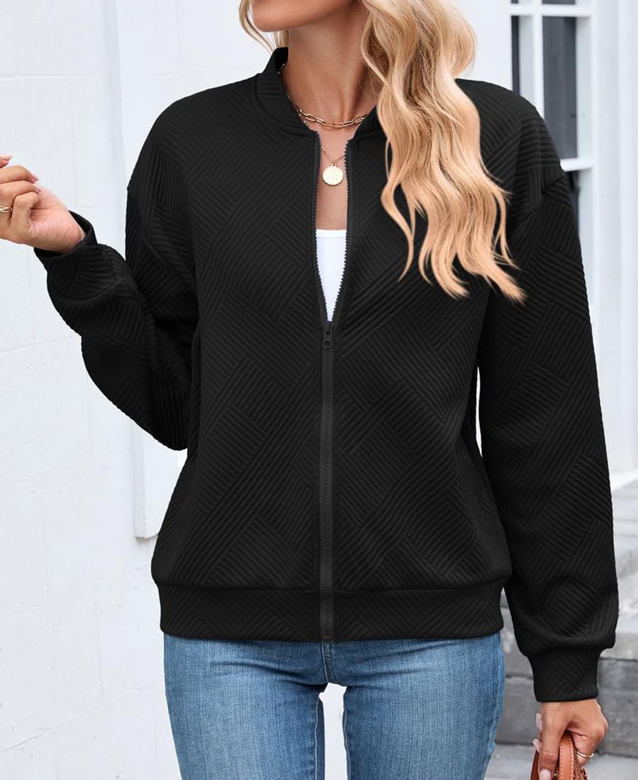 PANOZON Femmes Manches Longues Blouson Jacquard Bombardier Décontracté Zippée Veste de Baseball Légère