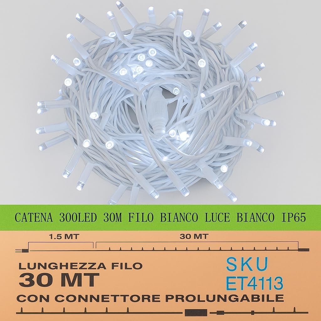 Elektronova Catena Luminosa 300 LED, 30Mt, Luce Bianca, Cavo Bianco, IP65, Prolungabile, Effetto Flash, ghirlanda nataliza, negozi, balcone natale