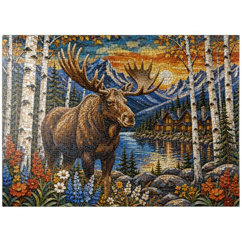 MyPuzzle Mosaic Moose Lodge Forest - Premium 1000 Piece Jigsaw Puzzle for Adults