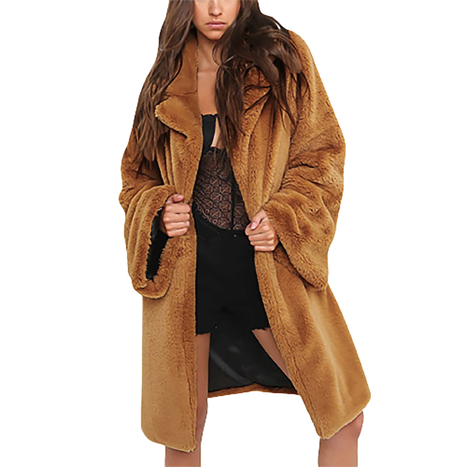 Parka fausse fourrure grande taille marron avec col rabattu chaud pour femme