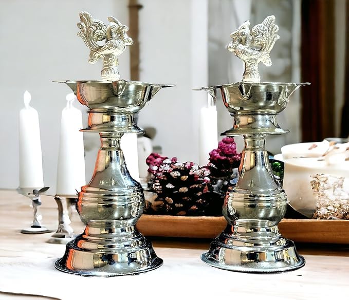 Sigaram German Silver 8 x 3.5 Inch Traditional Diya for Home Temple Pooja Diya K3135