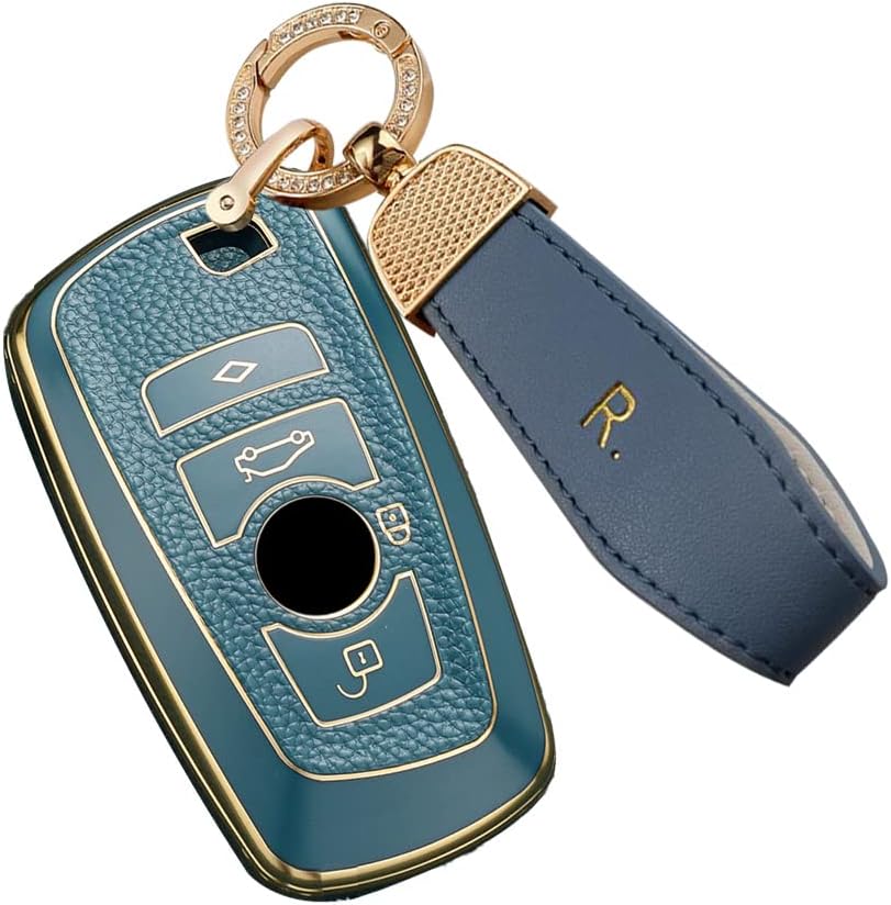 SANRILY Golden-Edge Leather Texture Key Fob Cover for BMW X3 X4 Series 1 3 4 5 6 7 M5 M6 GT3 GT5 Accessories Keyless Key Case Shell with Bling Leather Keychain Gray-Blue